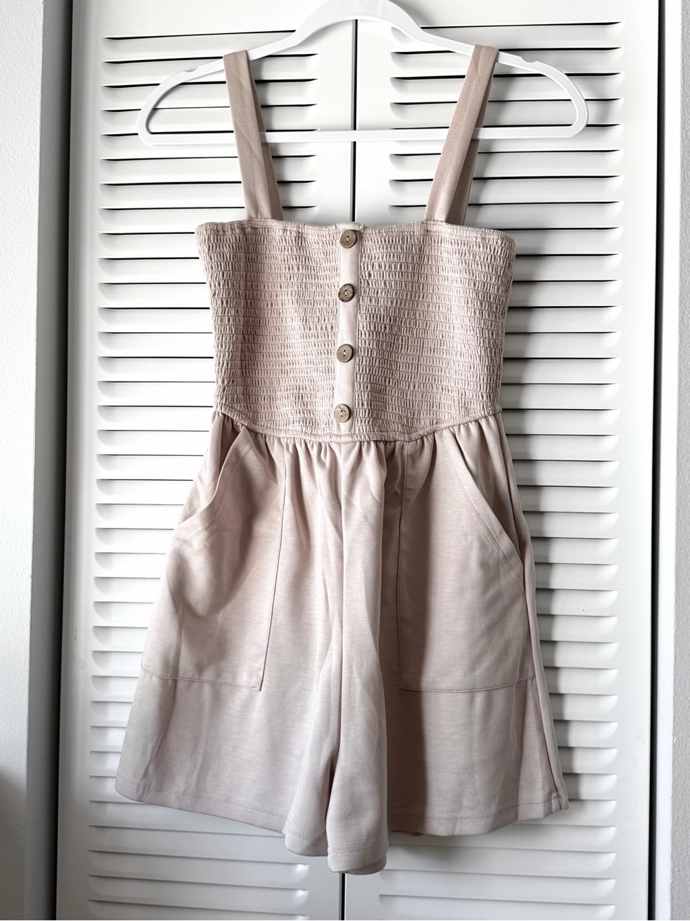Smocked Button-Front Romper in Light Beige